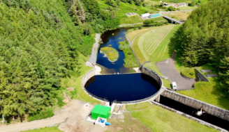 aerial view of hydro energy generation scheme at a reservoir in East Lothian 