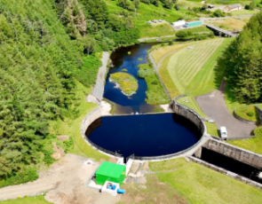 aerial view of hydro energy generation scheme at a reservoir in East Lothian 