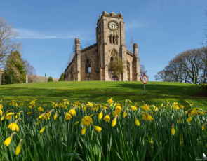 Campsie High Kirk with flowers in foreground