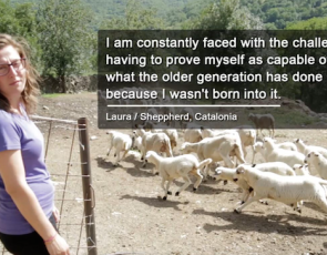 Laura, Shepherd in Catalonia, with sheep in background