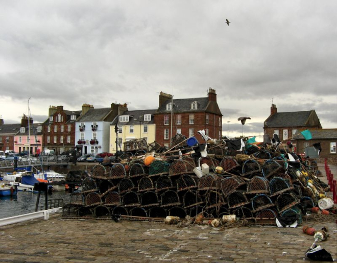 Lobster pots at Arbroath harbour, Scotland