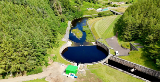 aerial view of hydro energy generation scheme at a reservoir in East Lothian 