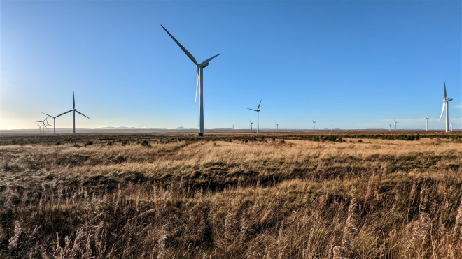 Wind turbines on Orkney Mainland on a cold sunny day