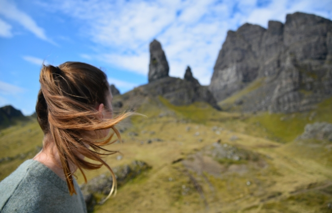 Women looking towards the Old Man Of Storr, Isle of Skye, Scotland