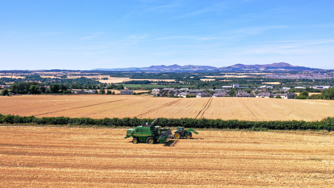 Combine harvester in field