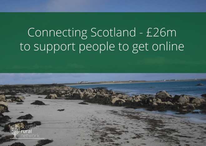 Beach on Tiree with banner headline: Connecting Scotland