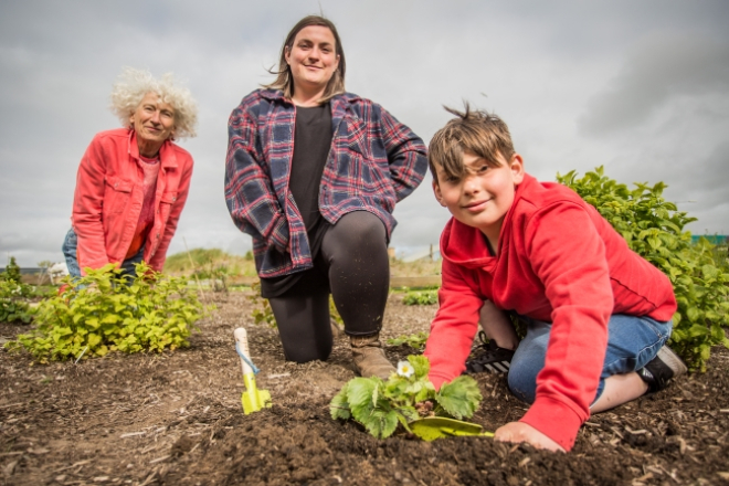 Small boy planting seeds as two adults look on