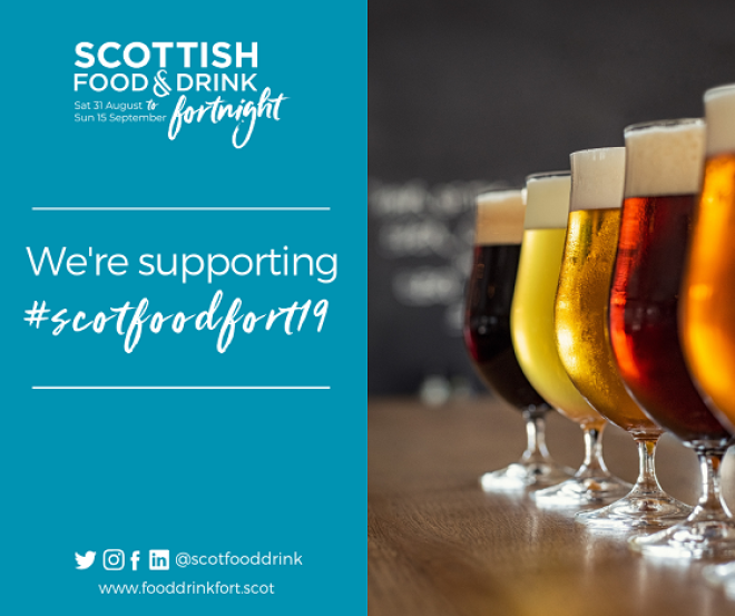 Scottish Food and Drink Fortnight logo and text with image of craft beers