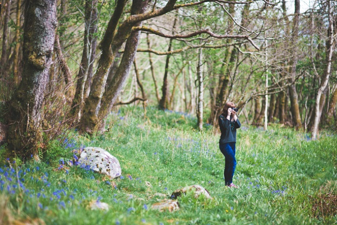 Person taking photo in woods with bluebells