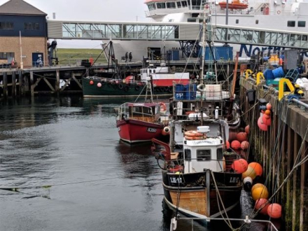 Fishing boats in Stromness harbour with ferry in the background