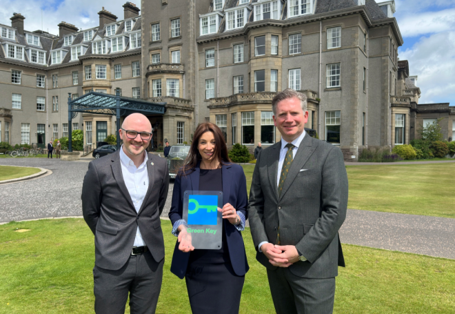 (L-R) Jamie Ormiston, Training and Accreditation Coordinator at Keep Scotland Beautiful, Mo Mands, Director of Sustainability at Gleneagles and Conor O'Leary, Gleneagles Managing Director