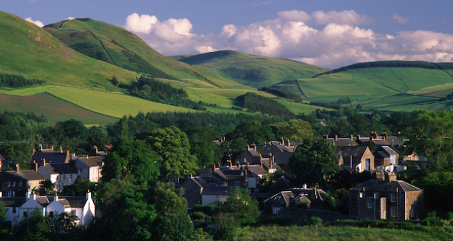 Scottish Borders village with hills in background, copyright Keith Robeson