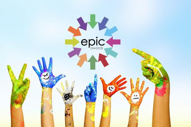 Epic Awards logo and hands in the air