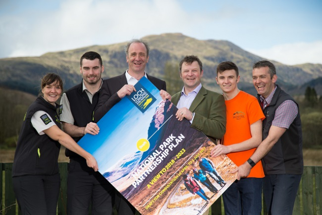 Gill Walker, Andy Biddulph, Gordon Watson, James Stuart, Ben Anderson and Jamie Proudfoot with large version of park plan