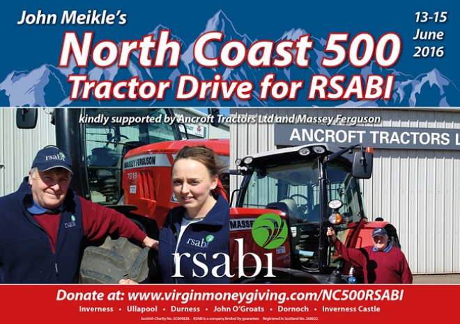 Man and woman next to tractor advertising North Coast 500 Tractor Ride