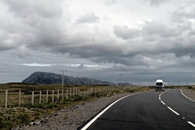 View from vehicle on North Uist road