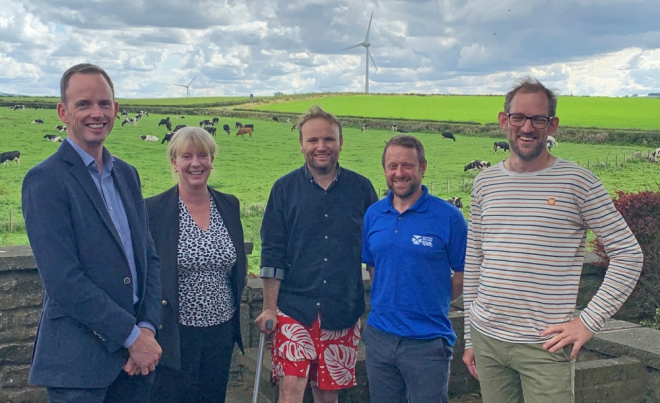 Picture of Robert Logan, SAOS; Deputy First Minister Shona Robison; Andrew Stewart, Marshill Farm; Stewart Burt, Draffanmuir Farm; Mads Fischer-Moller, WWF Scotland