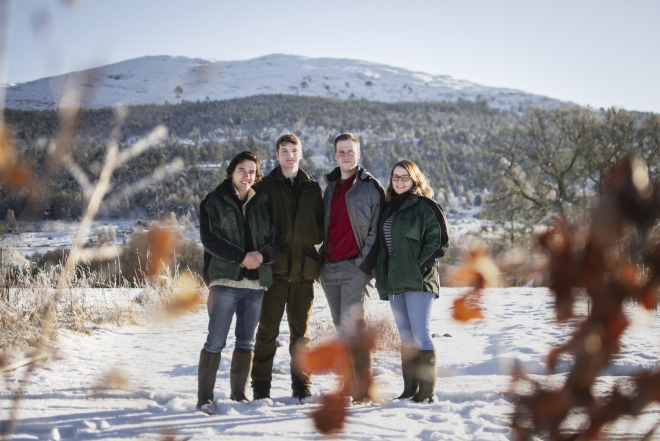 Last year’s Trees for Life Skills for Rewilding trainees (left-right) Nick Kinnegan, Callum Fraser, Tim Buchan, Rhona Duncan at Dundreggan Conservation Estate © Alex MacLeod, Trees for Life 