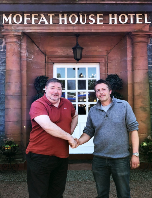 Ian McAndrew and John Henderson outside Moffat House Hotel