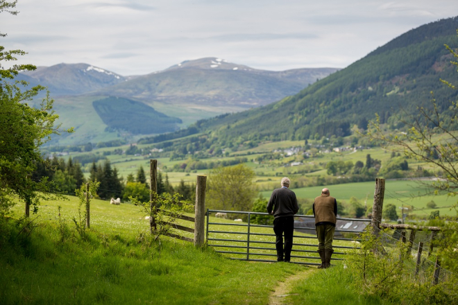 Picture shows two land managers beside gate in rural Perthshire  Bolfracks Estate Aberfeldy - Credit Matthias Kremer 