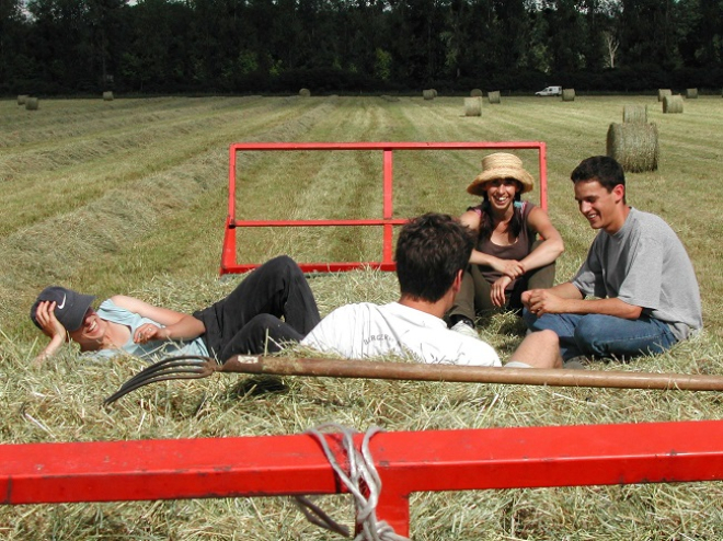 Four young people sitting in a hay field