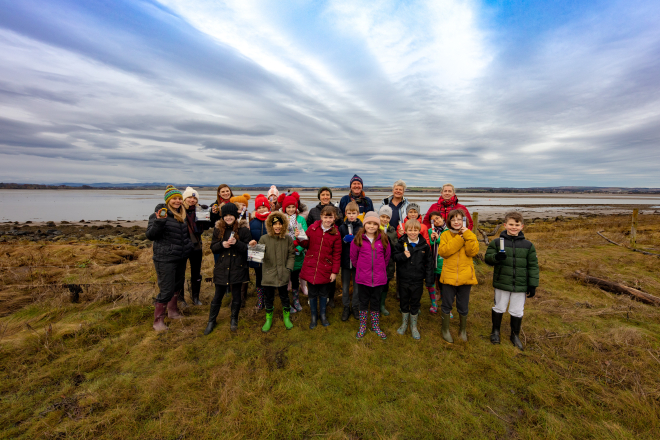 Mairi Gougeon MSP with St. Margarets Primary School pupils in Montrose Basin. Photo credit St Andrews University