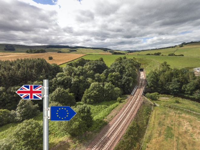 Border railway line with brexit sign