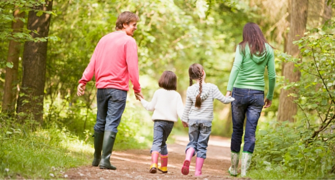 Family walking on path in wood