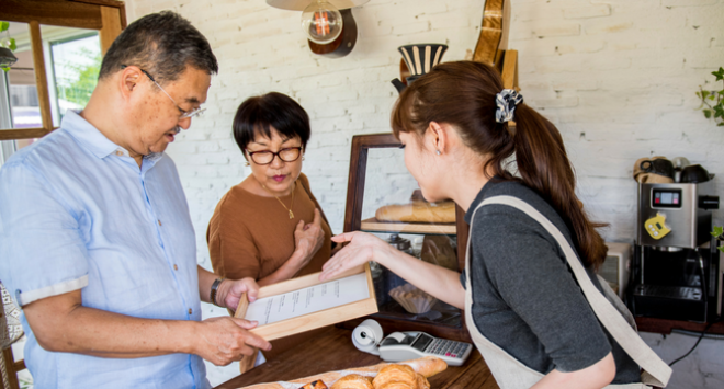 Waitress showing menu to customers