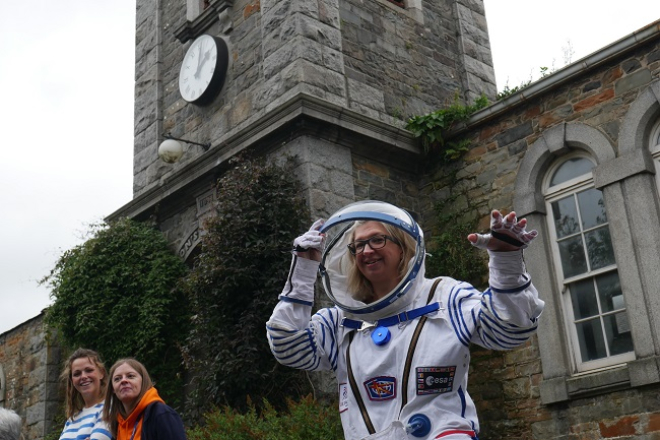 Jude Crooks in spacesuit outside Johnston school