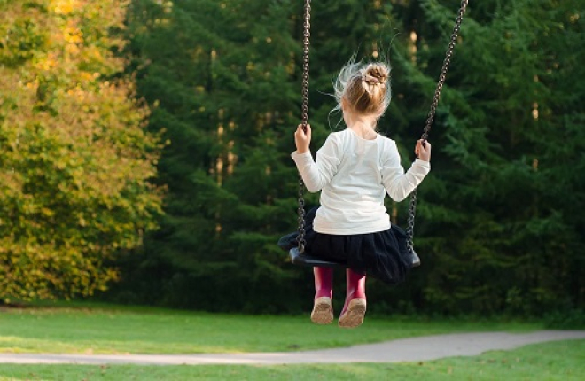 Girl on swing with autumn trees