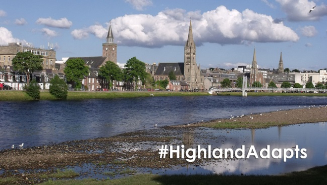 landscape of Inverness city centre with text "#HighlandAdapts"