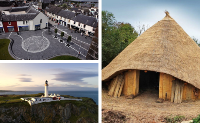 Photo collage: Stranraer, lighthouse at Mull of Galloway, Whithorn Round House