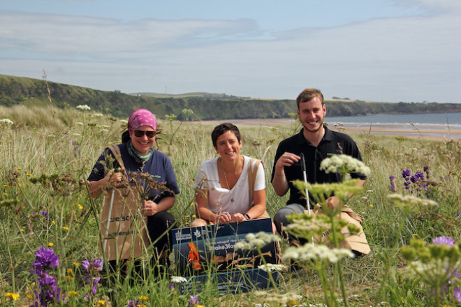 St Cyrus Reserve Manager Therese Alampo, MSP for Angus North and Mearns Mairi Gougeon and Reserve Assistant Simon Ritchie launch Take 3 For the Sea © Pauline Smith