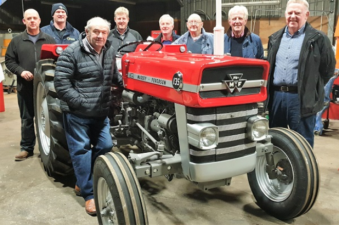 Restored tractor with restorers L to R - Michael Watson, Jim Purdie, John McNae, Andrew Craig, David Harvey, Wallace Lapsley, Lex Craig & Russell McNab