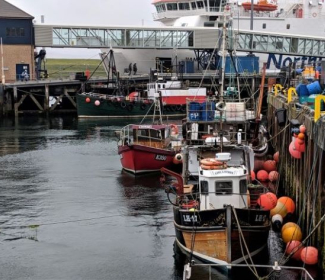 Fishing boats in Stromness harbour with ferry in the background