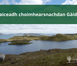 View of sea and islands with text: A’ taiceadh choimhearsnachdan Gàidhlig